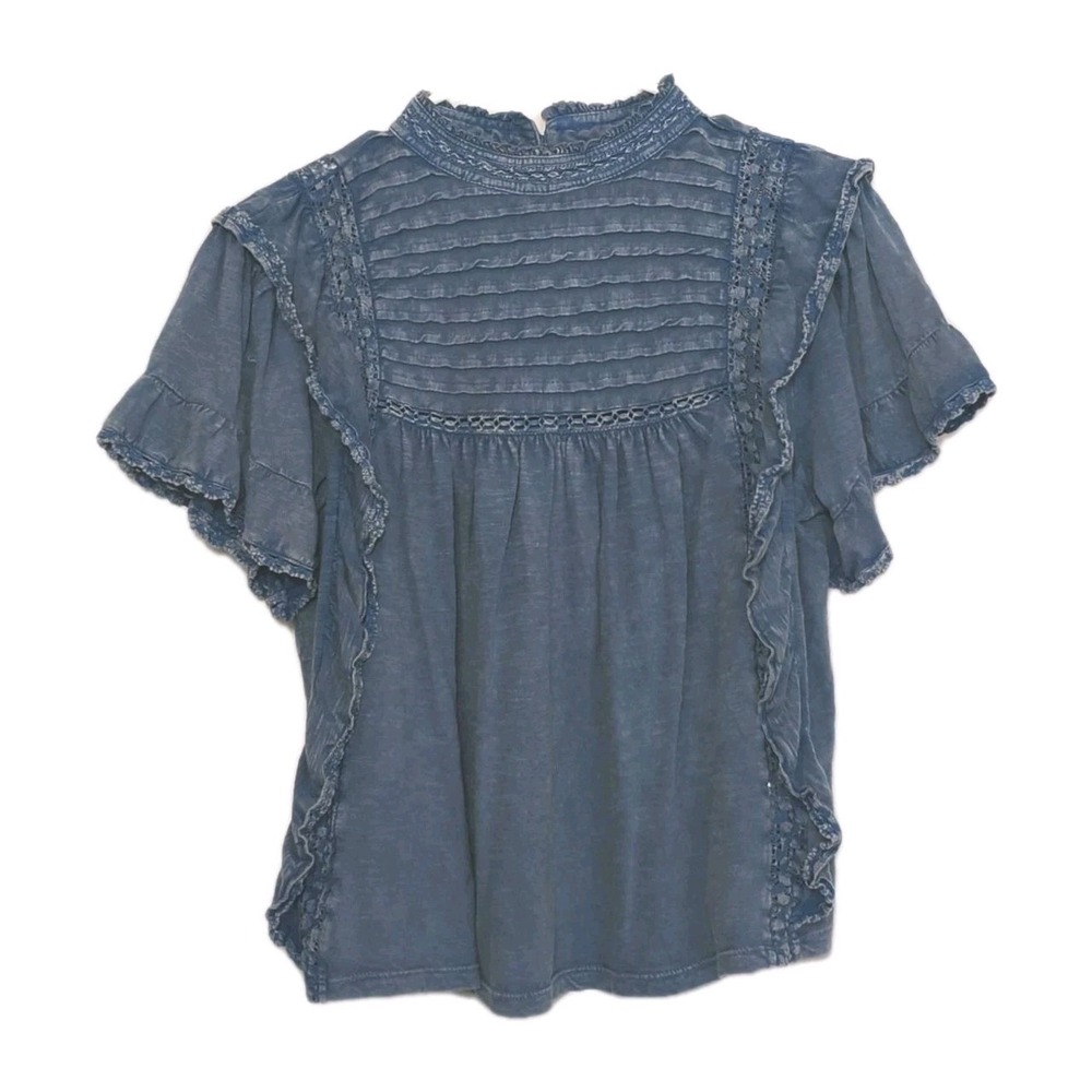 Free People Blue Ruffle Lace Yoke Blouse